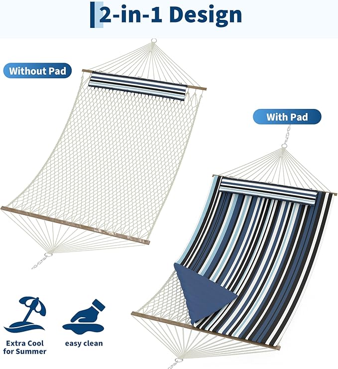 2 Person 12FT Hammocks for Outside, Double Quilted Fabric Outdoor Hammock with Spreader Bar, Large Removable Pillow, Storage Pockets, Carabiners, Max 450 Lbs Capacity