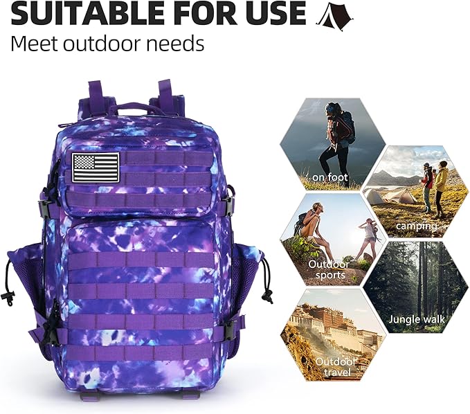 Lovelinks21 45L Tactical Assault Backpack 3 day assault pack with Molle Waterproof backpack Rucksack for Tactical Backpacks (Purple Camo)