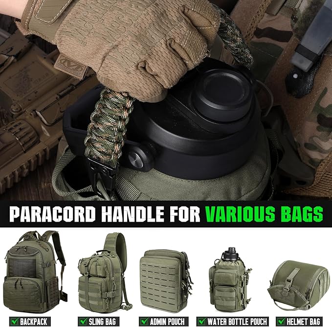 Tactical Paracord Handle,9-core Weaving Paracord Strap for Bag Strap Replacement,Molle Attachment with Metal/Plastic Clips for Backpack Sling Bags Water Bottle Holder