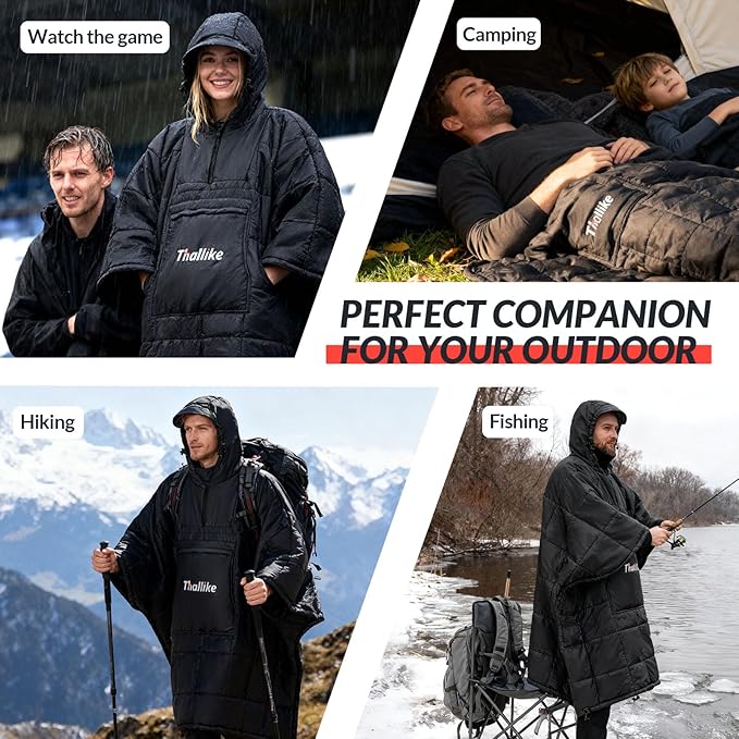 Camping Blanket with Zipper Pocket, 85'' x 61'' Large Wearable Hooded Blanket, Ultralight Warm Sleeping Bag, Windproof Camping Poncho for Outdoor Stadium Sports Gaming Hiking Picnic Concerts