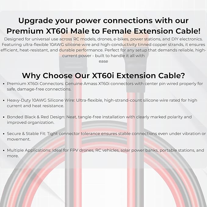 XT60i Extension Cable Male to Female, 40FT 10AWG Silicone Wire for Solar Generators & Portable Power Stations