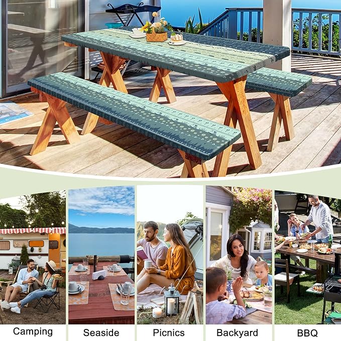 Picnic Table Cover with Bench Covers Portable Table Cloth Built-in Storage Pocket Fitted Tablecloth with Elastic Edges Waterproof Camping Essentials for Indoor Outdoor Rv,72in,CadetBlue