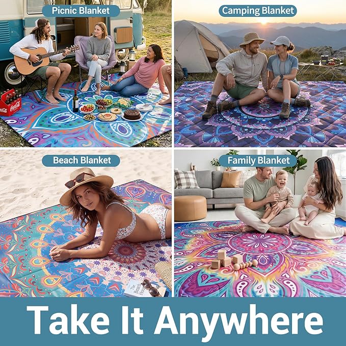 60x80" Waterproof Picnic Blankets Outdoor Sandproof Beach Blanket Foldable Big Ground Grass Mat Family Tent Camping Rug Backpacking Hiking Essentials Gifts Rv Car Travel Roadtrip Must Have