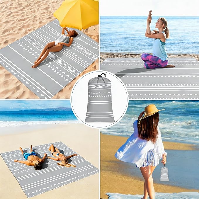 Beach Blanket Waterproof Sandproof, 9x10 FT Extra Large Beach Mat for 2-8 Adult with Stakes & Storage Bag, Sand Free Lightweight Outdoor Picnic Blankets for Travel, Camping, Hiking-Gray Geometry