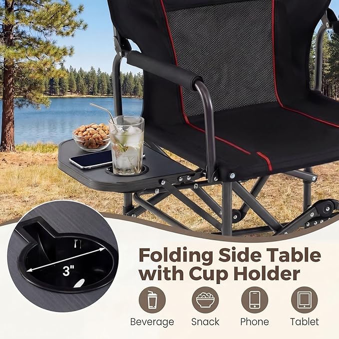 GYMAX Oversized Camping Directors Chair, Portable Folding Camping Chairs for Adults with Table, Heavy-Duty Lawn Chair for Fishing, Picnic, Sports, Beach, Outdoor, Supports 500LBS (Black)