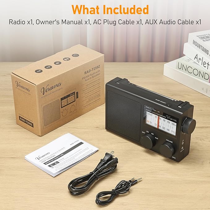 Portable AM/FM Radio with Bass Control, Equipped with a Built-in high-Power Speaker, Headphone Jack, and AUX Audio Input, Supports Battery or AC Power Operation (Black)