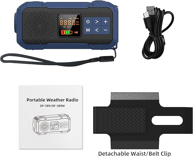 Hand Crank Emergency Radio with Bluetooth,AM/FM/NOAA,2000mAh Backup Battery,Solar & USB Power,Weather Radios for Home,IPX5 Waterproof,Shock-Resistant,with Flashlight and SOS for Camping Survival