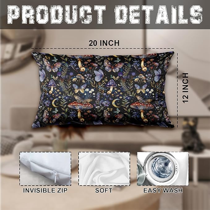 Mystical Dark Cottagecore Botanical Moth Mushroom Lumber Pillow Cover 12x20, Dark Academia Witchy Floral Butterfly Moon Night Decorative Throw Pillow Cover Cases for Home Bedroom Living Room
