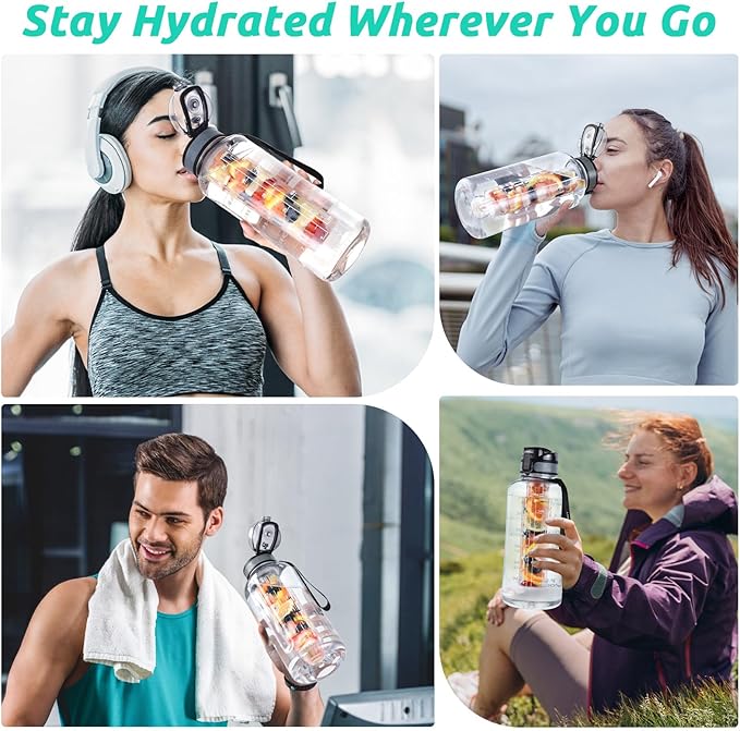 UTEBIT 52 OZ Fruit Infuser Water Bottle, Half Gallon Insulated Sports Water Bottle With Straw, 1.5L BPA Free Leak Proof Tritan Large Water Jug with Strap for Gym, Camping, Travel, Outdoor