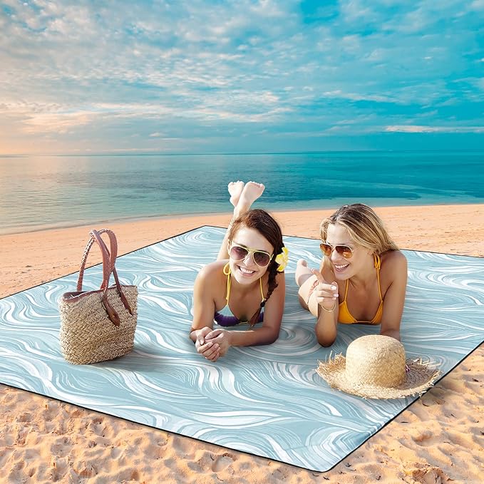 HIHOHO Beach Blanket Waterproof Sandproof Beach Mat for 1-8 Adults Quick Drying Durable Outdoor Picnic Mat for Beach Festival Travel Camping Hiking (Ocean Wave-Dark BL, 79"×83"(4 Person))