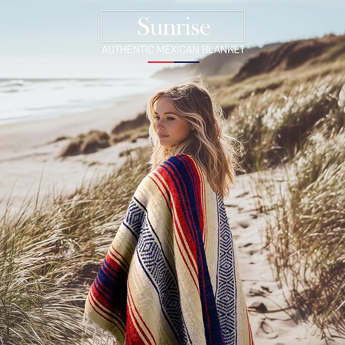 Hydration Nation Authentic Large Handwoven Mexican Striped Throw Blanket - Soft, Durable, Eco-Friendly - 70"x50" – Sunrise