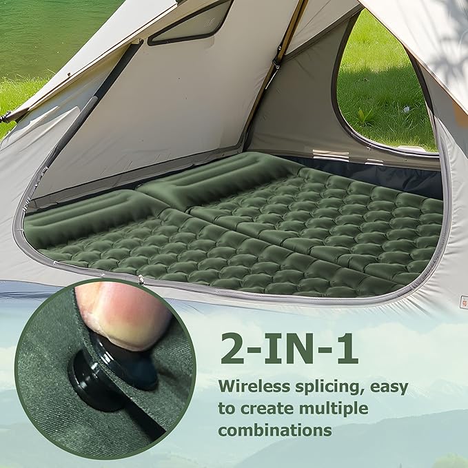 Toncoke Sleeping Pad, 4.7" Extra-Thick & Ultralight Inflatable Camping Mat with Pillow, Built-in Foot Pump, Compact for Backpacking, Camping, Hiking, Travel —Military Green