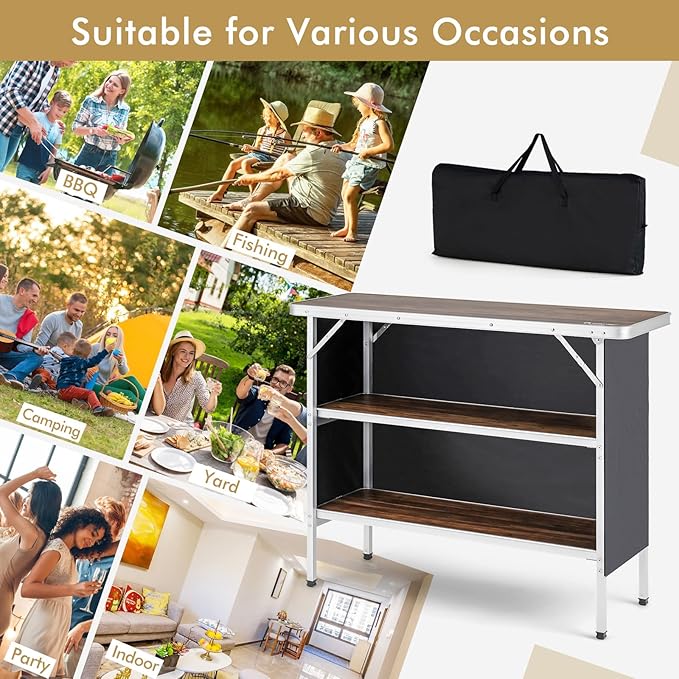 COSTWAY Folding Picnic Table, Portable Camping Table with Carry Bag, Lightweight Aluminum Food Prep Station with 2 Shelves, Quick Set-up, BBQ, Party, Backyard