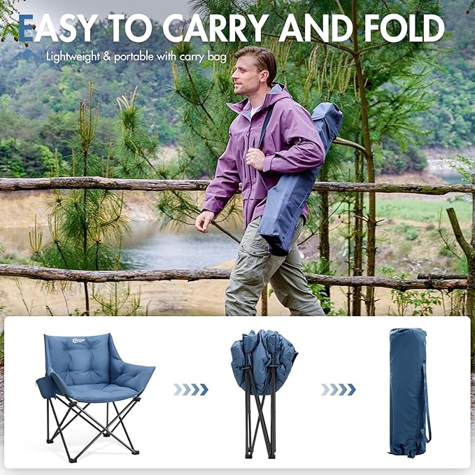 Portal Oversized Padded Camping Chair - Heavy Duty Folding Chair with Cup Holder & Side Pocket, Supports 350 lbs, for Camping, Lawn, Sports, Blue