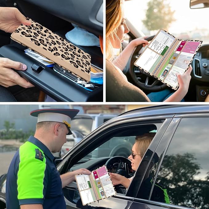 Car Registration and Insurance Holder, with Magnetic Closure for License, Cards and Documents, All Vehicle Needs and Car Accessories (Leopard-Yellow)
