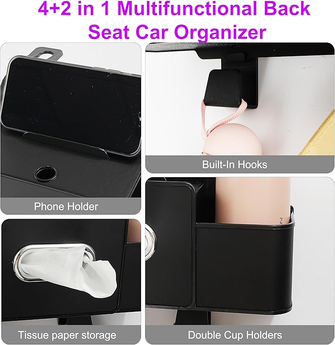 Amooca Back Seat Car Organizer, 4+2 in 1 Multifunctional Car Backseat Storage Box with 2 Cup Holders Tissue Box Hook, Car Interior Storage for Travel Phones Snacks Drinks(Black)