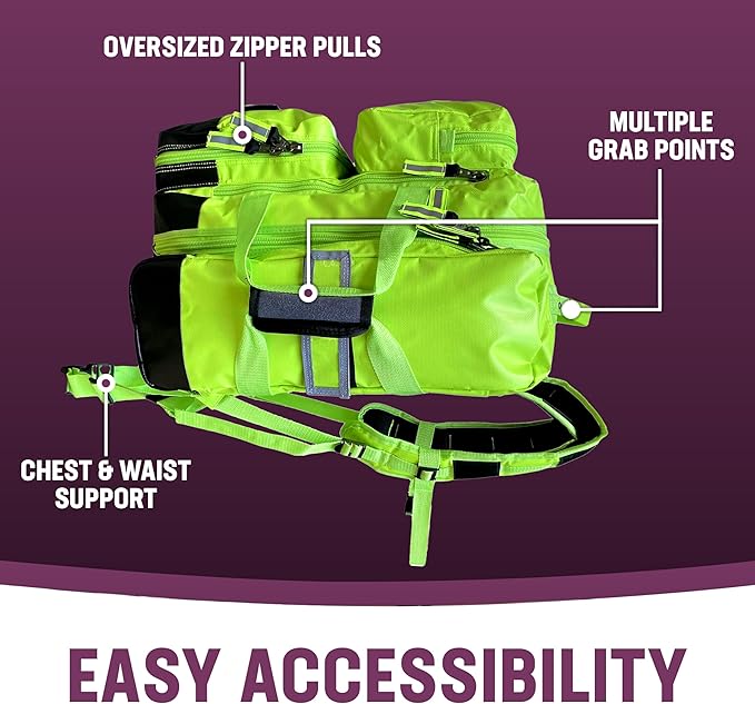 Kemp USA Ultimate EMS Backpack Neon Green Emergency Response Medical Bag Fluid Resistant Tarpaulin EMT Storage Fits BLS ALS Equipment D Tank Oxygen Cylinder Professional Field Use