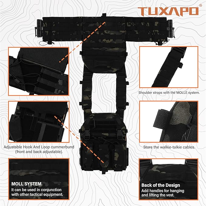 Tactical Molle Vests with Triple mag Pouch and Side Cummerbund Pouches, Quick Release Vests for Men