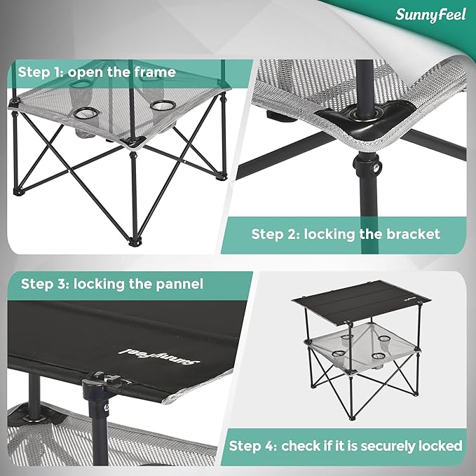 SUNNYFEEL Folding Camping Table- Collapsible Portable Beach Table with 4 Cup Holders & Carry Bags, Tailgate Table for Outdoor Excursion Picnic Hiking Fishing Travel Parties, Black
