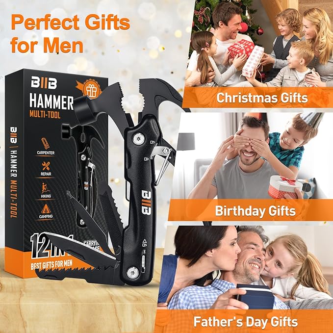 BIIB Gifts for Men, 12 in 1 Hammer Multitool, Fathers Day Mens Gifts for Husband Dad, Anniversary Birthday Gifts for Men, Fathers Day Dad Gifts from Daughter Son, Camping Essentials Survival Gear Tool