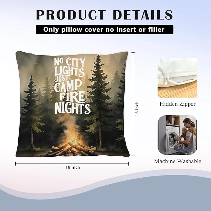 Camper Camping Pillow Covers 18x18, Campsite RV Camping Decor for Inside, No City Lights Just Campfire Nights Woodland Forest Decorative Throw Pillow Covers for RV Campsite Camper