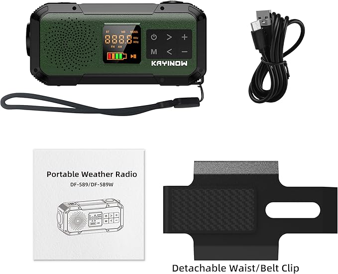 NOAA Weather Radio AM/FM,Portable 7400mWh/2000mAh Rechargeable Battery Operated with USB-C/Hand Crank/Solar Charging,Bluetooth Connectivity,Light,SOS Alarm,Ideal for Camping,Hurricane and Storm
