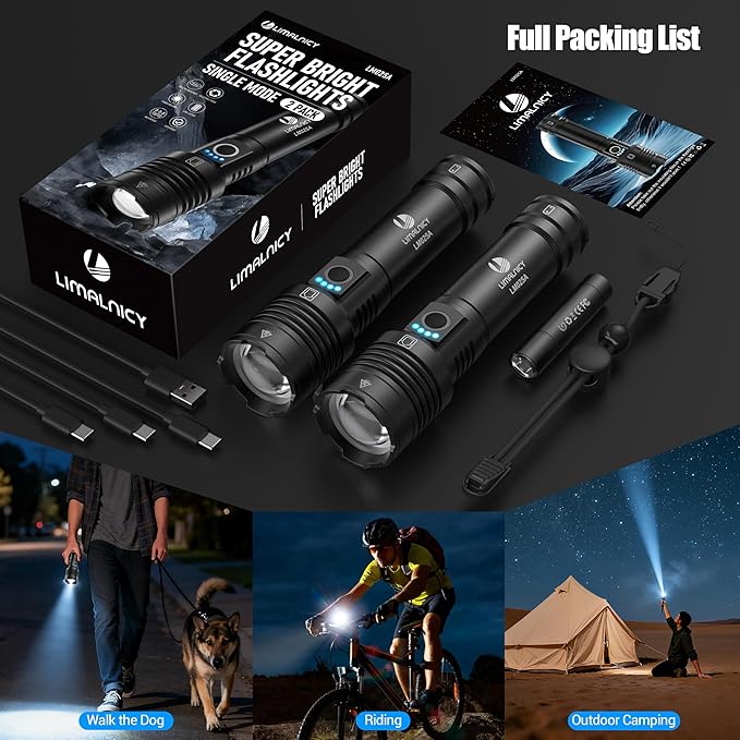 Rechargeable Flashlights High Lumens 100,000 Single One Mode - 2 Pack, Super Bright Powerful 30W LED, Long Lasting 12 Hours, USB C Input, Handheld 6.81” Length, for Hiking Home Gift