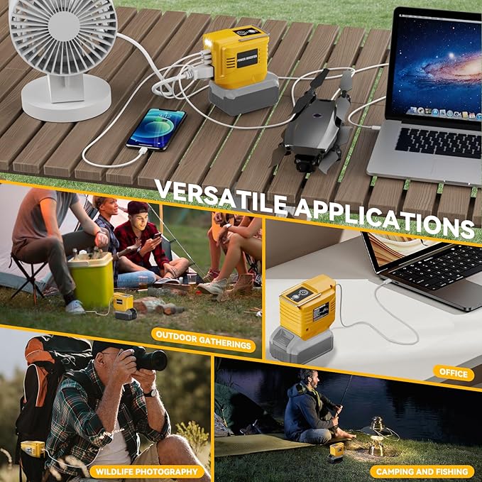 VAXCANZE 200W Power Inverter for Dewalt, DC 20V to AC 110V Inverter, Portable Power Station with 2 USB Ports & 1 AC Outlet & 1 Type-C Fast Charging, Battery Adapter with LED, Battery Not Included