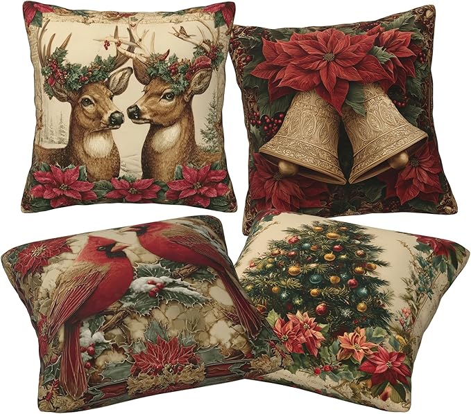 Christmas Throw Pillow Covers 18 X 18 Inch Set of 4 Decorative Cushion Cover Home Decor for Sofa Chair Couch Bedroom Living Room