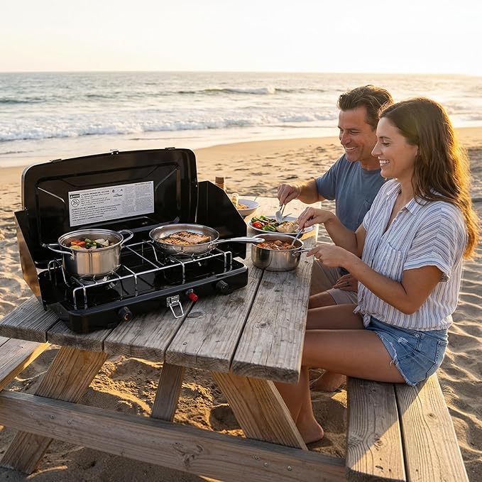 FineFlame Camping Stove, 2 Burners Propane Portable Camp Stove with Regulator, Push-Button Instant Ignition, Adjustable Burners & Wind Guards for Car BBQ Picnics Outdoor Cooking(13000BTU)