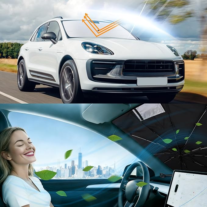 Windshield Sun Shade Umbrella Custom Fit for 2014-2024 2025 2026 Porsche Accessories Foldable Sunshade Sun Blocker Protect Car from Sun Rays & Heat Damage Keep Car Cooler