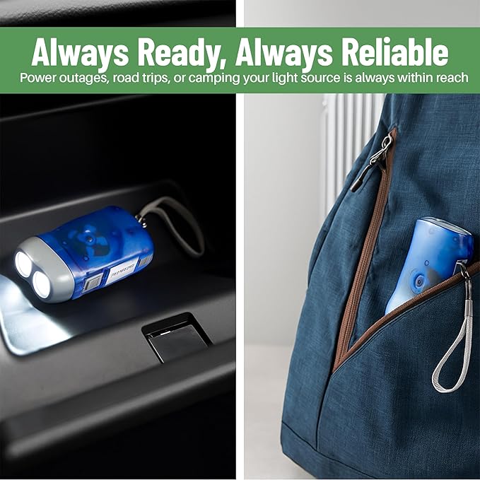 Evelots Hand Crank Emergency Flashlights -12 Pack- Camping, Home, Car - Double LED Bright Lights - Great for Hiking, Outdoor Sports, Power Outage Easy to Use