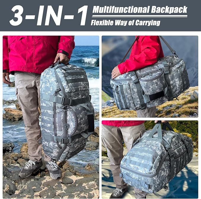 Hannibal Tactical 65L Large Duffle Bag, 3-in-1 Tactical Backpack MOLLE Pack for Sports, Gym, Outdoor, ACU