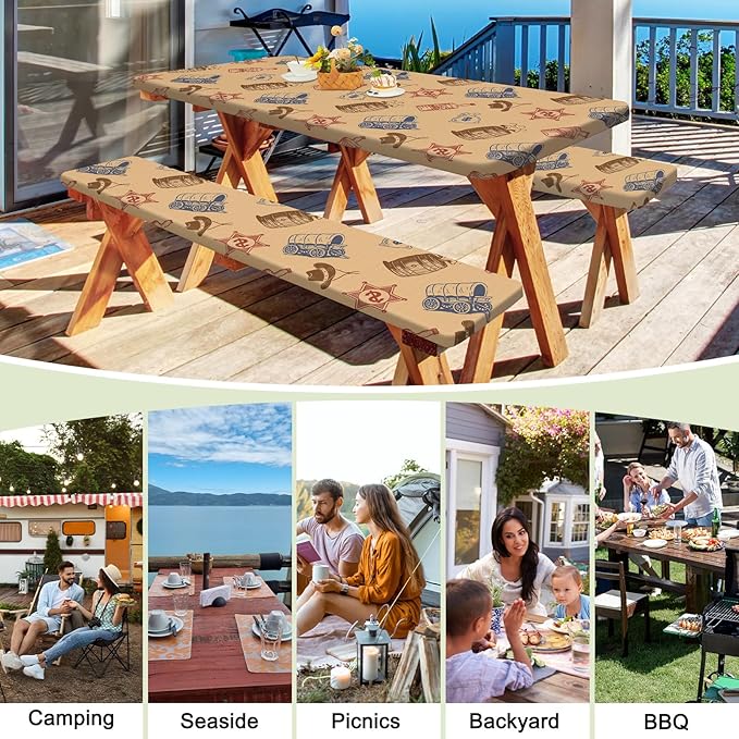Picnic Table Cover with Bench Covers Portable Table Cloth Built-in Storage Pocket Fitted Tablecloth with Elastic Edges Waterproof Camping Essentials for Indoor Outdoor Rv,72in,Colored Denim
