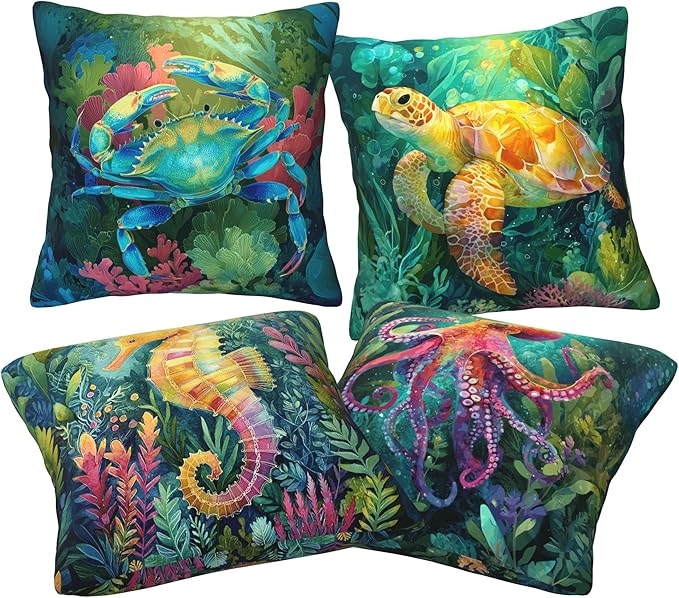 Coastal Beach Throw Pillow Covers 18 X 18 Inch Set of 4 Decorative Cushion Cover Home Decor for Sofa Chair Couch Bedroom Living Room
