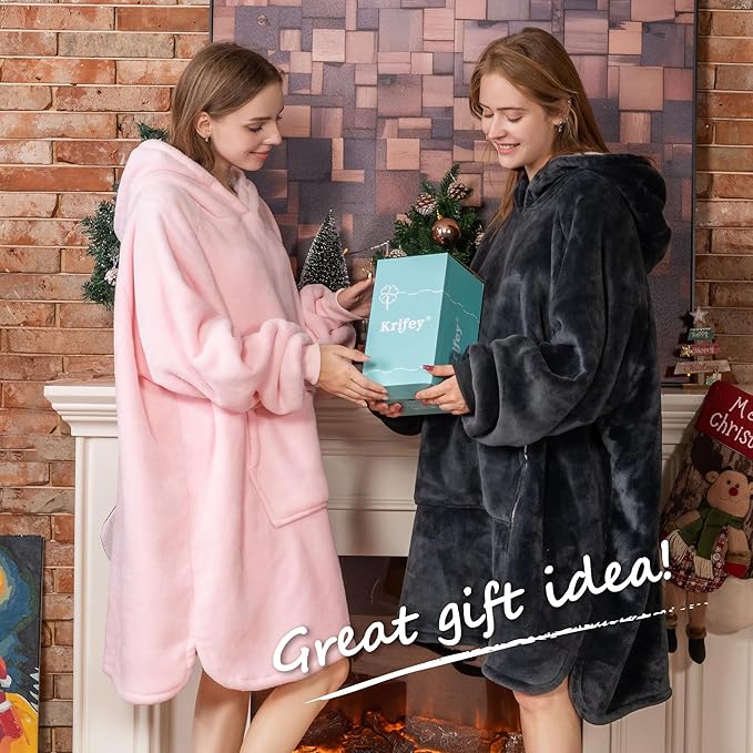 Krifey Wearable Blanket Hoodie, Oversized Sherpa Fleece Sweatshirt with Giant Pocket, Birthday Gifts for Women, Mom, Sister, Dark Gray