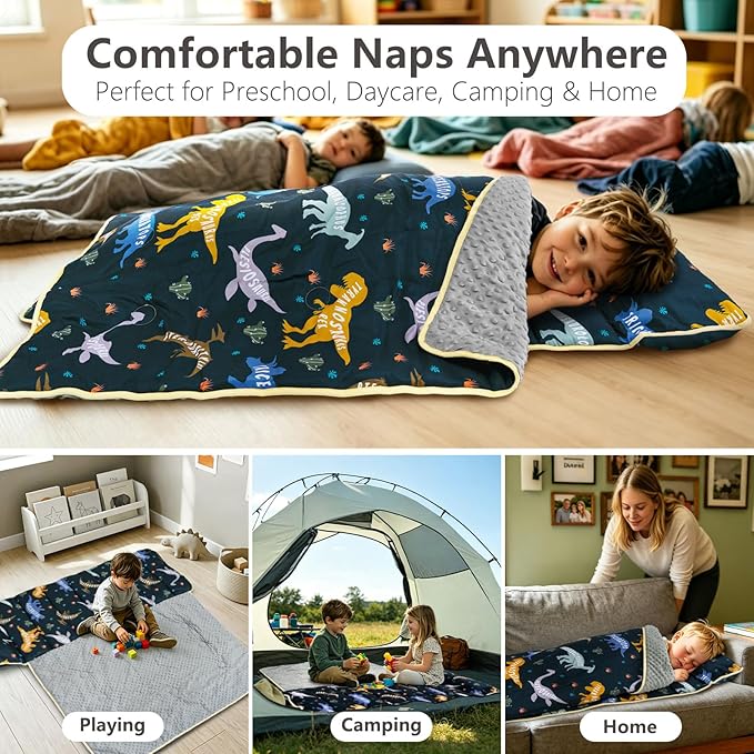 Primlect Thickened Toddler Nap Mat with Removable Pillow and Minky Blanket, Extra Large 55''x35'' Sleeping Bag, Washable, Roll up, Perfect for Daycare, Preschool, Kindergarten, Boys and Girls Dinosaur