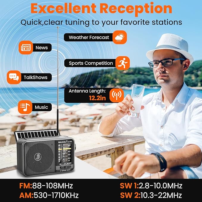 Solar-Powered Portable Radio, AM/FM/SW Radio with Loud Speaker, Built-in Rechargeable Battery and USB-C - Emergency Radio for Outdoor, Camping, Travel, Storms and Power Outages (Model BJL-671-Solar)