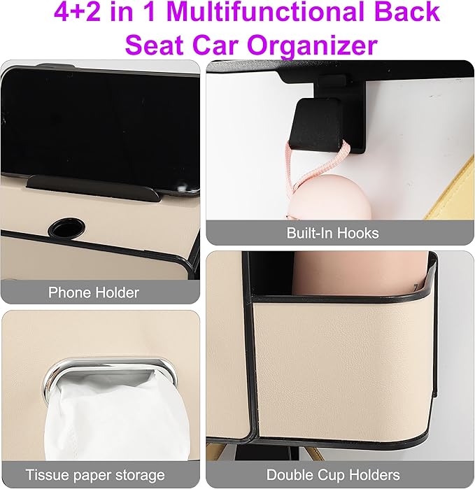 Amooca Back Seat Car Organizer, 4+2 in 1 Multifunctional Car Backseat Storage Box with 4 Cup Holders Tissue Box Hook, Car Interior Storage for Travel Phones Snacks Drinks(Beige)