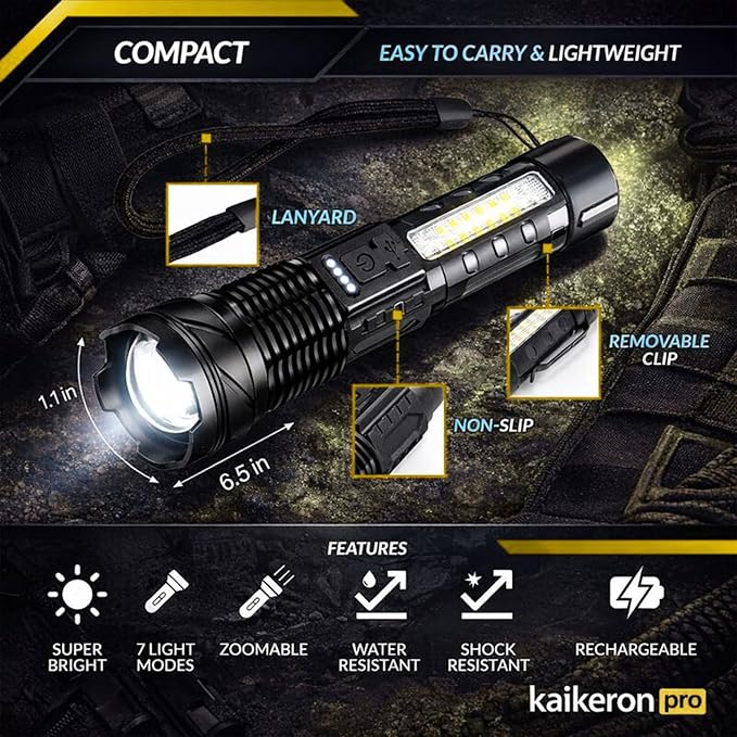 Rechargeable Flashlights 2 Pack Tactical Flashlight Set Super Bright High Lumens Flash Light 7 Modes Zoomable Linterna Waterproof EDC Pocket Lights for Emergency Camping Home & Car USB-C