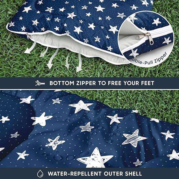 Wake In Cloud - Star Kids Sleeping Bag for Boys Girls Toddlers, Camping in Warm Cold Weather, Backpacking Lightweight Compact Outdoor Liner for 3 Seasons Summer Spring Fall