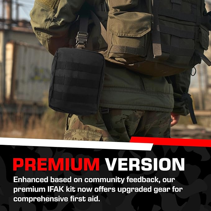 Premium IFAK Trauma First Aid Kit - Military Combat Tactical Molle - Active Shooter Kit with Vented Chest Seal, Emergency Bleeding Control - Black