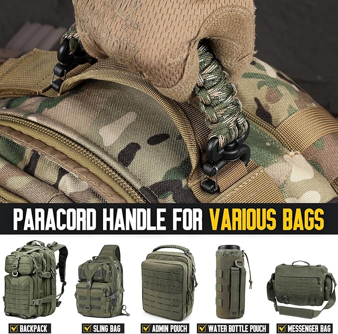 Tactical Paracord Handle,9-core Weaving Paracord Strap for Bag Strap Replacement,Molle Attachment with Metal/Plastic Clips for Backpack Sling Bags Water Bottle Holder