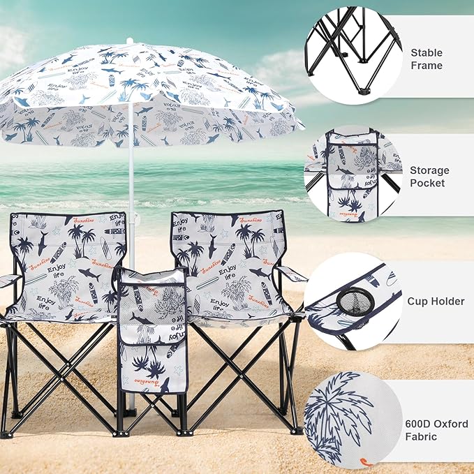 Outvita Folding Double Camping Chair w/Umbrella Beverage Holder Carrying Bag Cooler Fold Up Table, Large Bearing Capacity for Beach Patio Pool Park Outdoor Shark Pattern