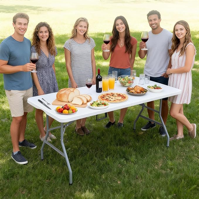 Lakhow Folding Table 6ft Heavy Duty Portable Table Indoor Outdoor with Parties, Camping & BBQs, Folds in Half for Easy Storage, No Assembly Required, White