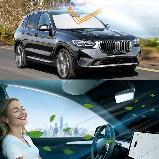 Windshield Sun Shade Compatible with 2018-2026 BMW X3 Accessories Foldable Sunshade Sun Blocker Protect Car from Sun Rays & Heat Damage