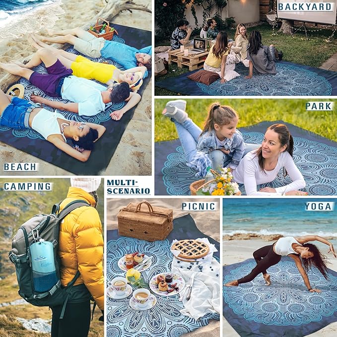 Famstar Beach Blanket Sandproof Waterproof 78''×81'' 1-5 Adults Oversized,Compact Lightweight Durable Beach Mat for Travel Camping Hiking Picnic Blanket