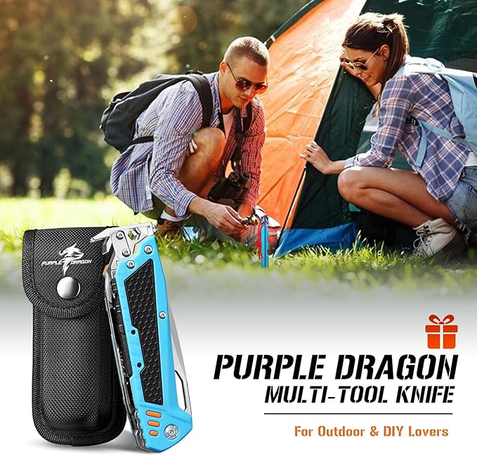 Purple Dragon Multitool,13-in-1 Pocket Knife with Sheath,Perfect for Camping, Hiking & Outdoor Use, Gift for Men Dad Husband– Blue
