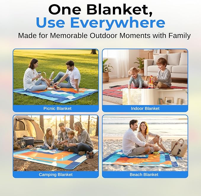 scuddles Extra Large Picnic Blanket – 60" x 80" Waterproof Outdoor Mat with Soft 3-Layer Comfort, Cozy Fleece Top, Foldable Design & Carry Strap for Beach, Camping, Parks & Hiking