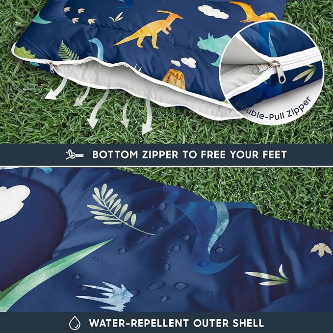 Wake In Cloud - Kids Sleeping Bag for Boys Toddlers, Camping in Warm Cold Weather, Backpacking Lightweight Compact Outdoor Liner for 3 Seasons, Watercolor Dinosaurs